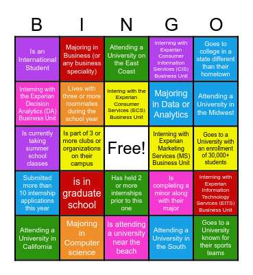 Experian Intern Human Bingo - Summer '23 Bingo Card