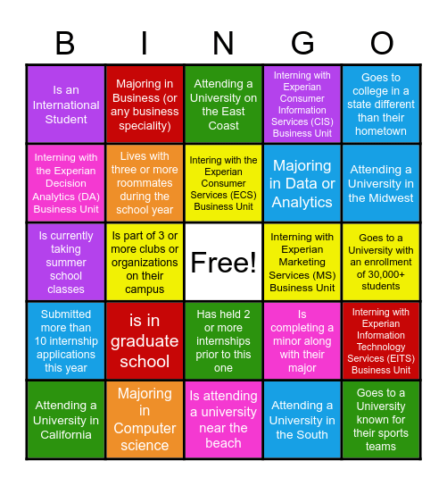 Experian Intern Human Bingo - Summer '23 Bingo Card