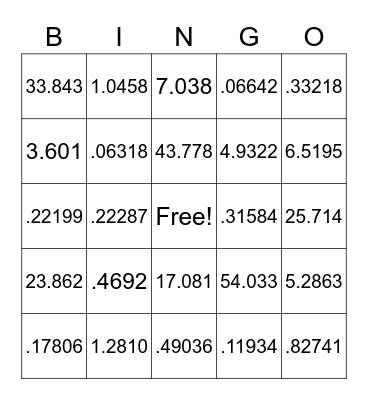 Decimal Multiplication Bingo Card