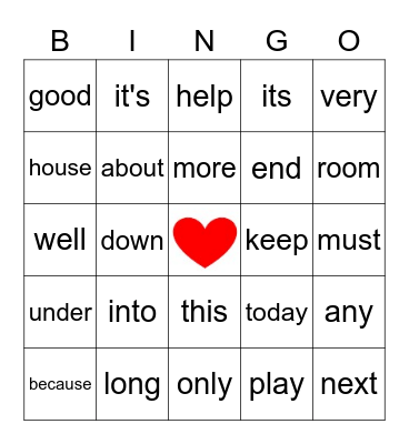 Sight Word Bingo Card