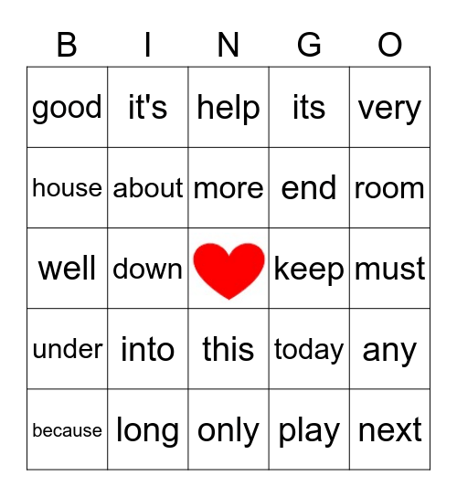 Sight Word Bingo Card