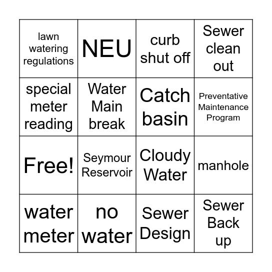 Water & Sewers Bingo Card