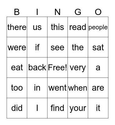 Sight Word Bingo Card