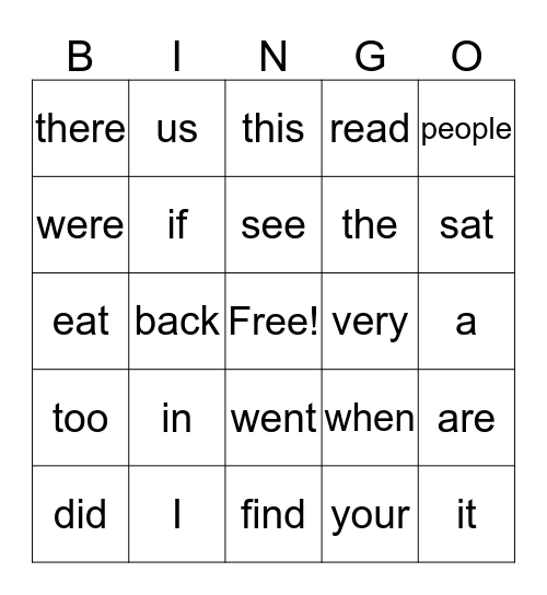 Sight Word Bingo Card