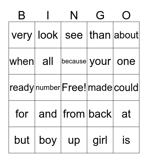 Sight Word Bingo Card
