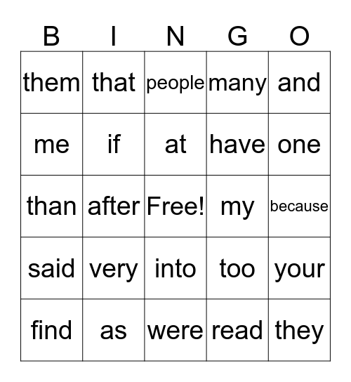 Sight Word Bingo Card