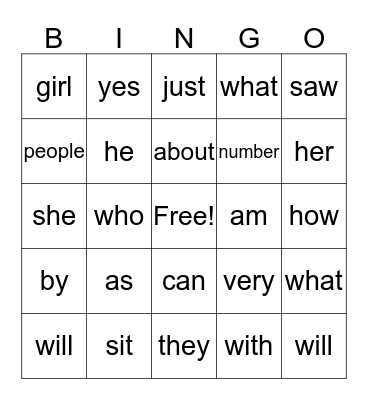 Sight Word Bingo Card