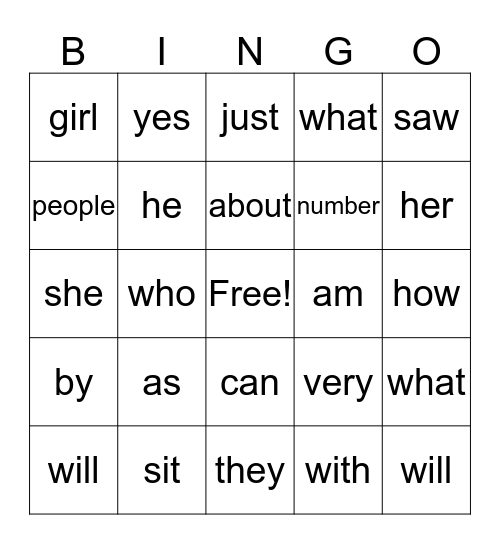 Sight Word Bingo Card