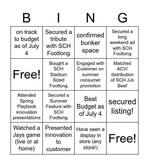 SCH Stadium Sized Footlong Challenge! Bingo Card