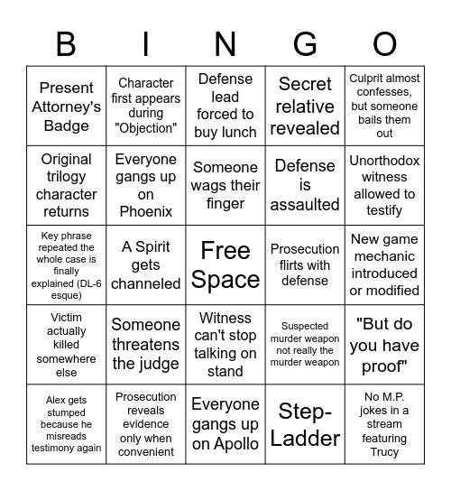 Ace Attorney Bingo Card