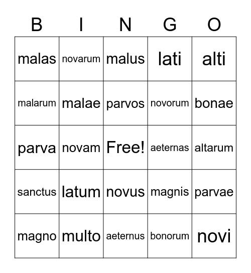 Latin Bingo Card