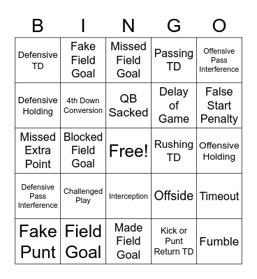 Super Bowl Bingo Card