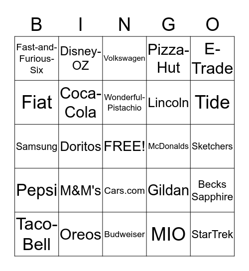 Super-Bowl Commercial BINGO! Bingo Card
