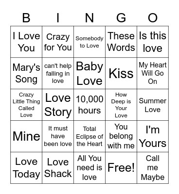 Love Song Bingo Card