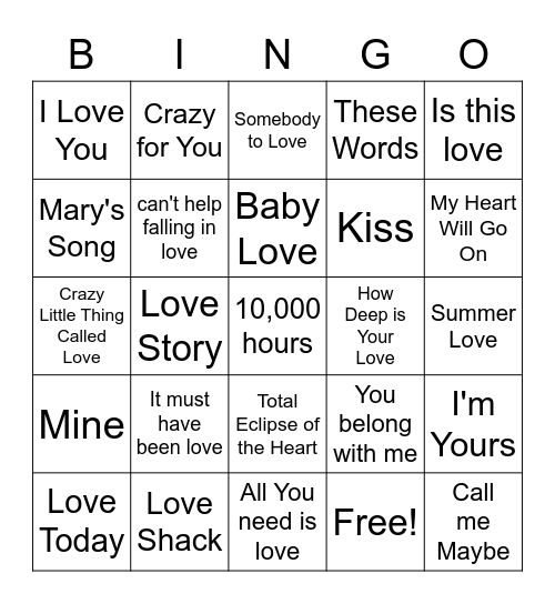 Love Song Bingo Card