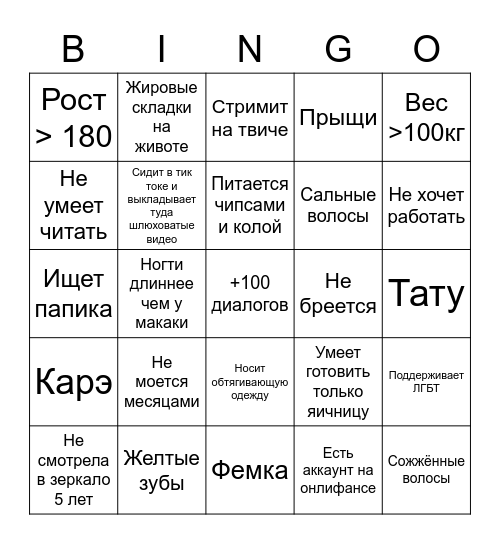 бинго ИДЕАЛЬНОЙ ТЯН Bingo Card