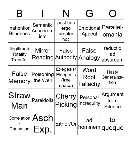 Exegetical Fallacy Bingo Card