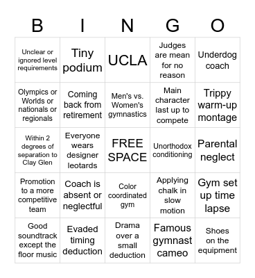 Gymnastics Movie Clichés Bingo Card