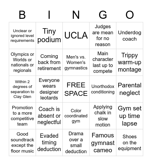 Gymnastics Movie Clichés Bingo Card