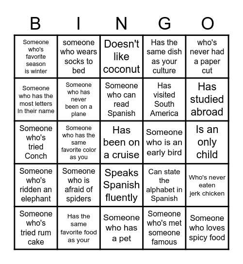 Get to Know You - Human Bingo Card