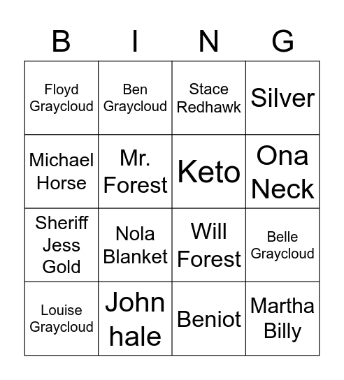 Character Bingo Card