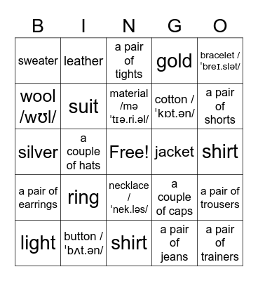 UNIT 7.2 YOUR CLOTHES Bingo Card