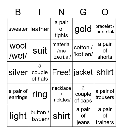 UNIT 7.2 YOUR CLOTHES Bingo Card