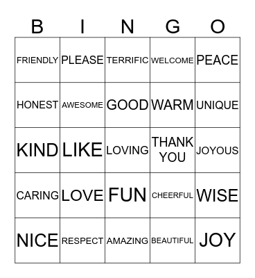 KIND WORDS Bingo Card