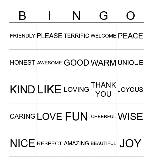 KIND WORDS Bingo Card