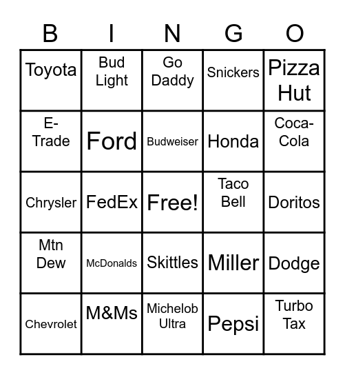 Super Bowl Commercial BINGO Card