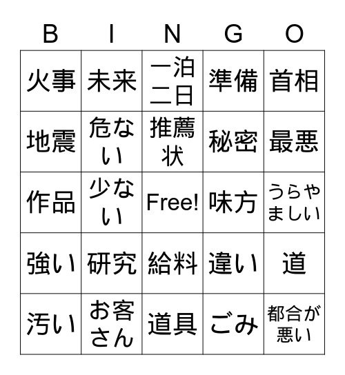 Genki Ch16-17 Nouns Bingo Card