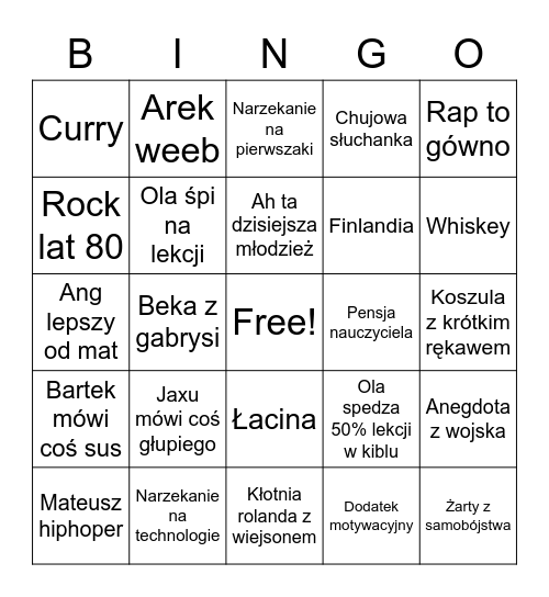 Angielski bingo Card