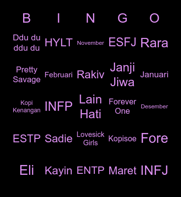 Sadie’s Bingo Card