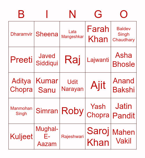 DDLJ Bingo Card