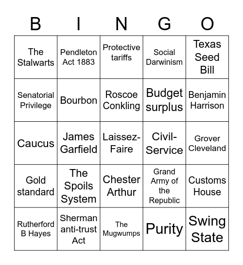 Gilded Age Politics Bingo Card