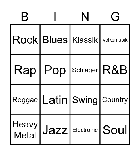 Musikrichtungen Bingo Card