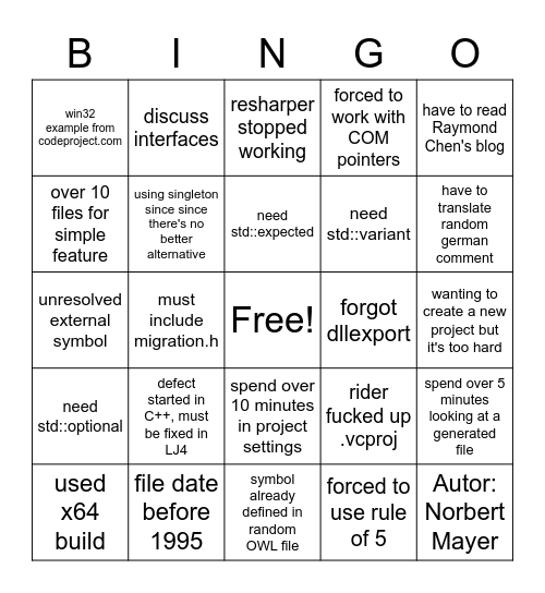 COM C++ bingo Card