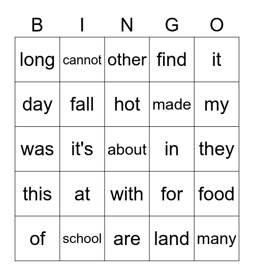 Sight Words 2/9 Bingo Card