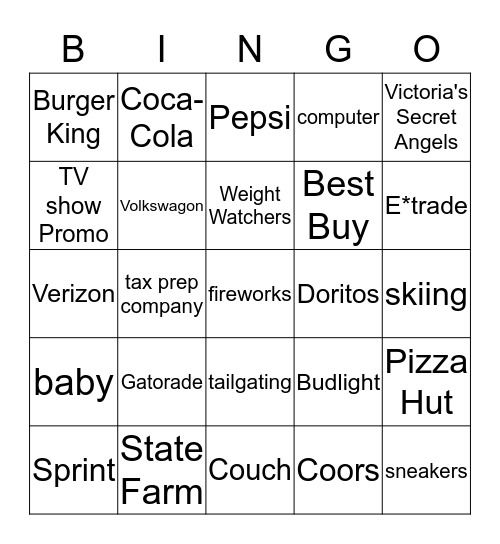 SuperBowl COMMERCIALS Bingo Card