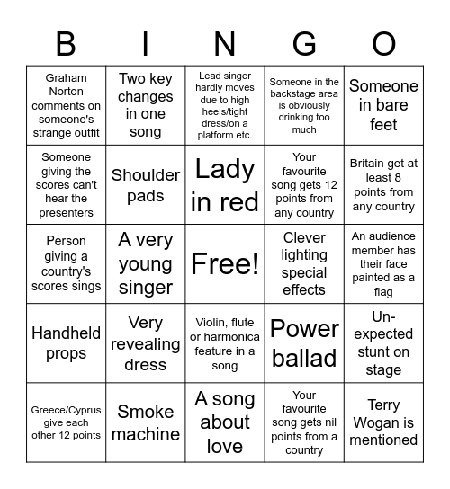 Eurovision Bingo Card