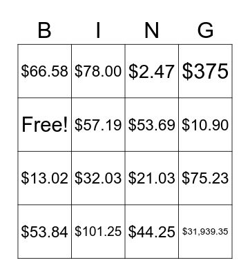 Tax, Tip, Commission Bingo Card