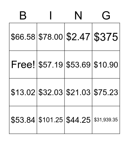 Tax, Tip, Commission Bingo Card