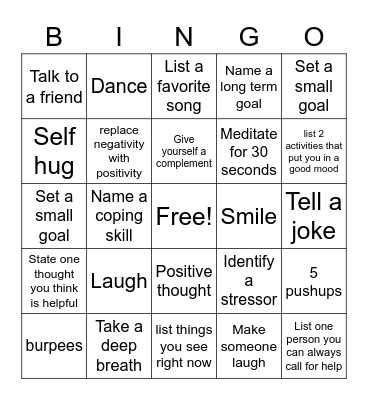 Mental Health Bingo Card