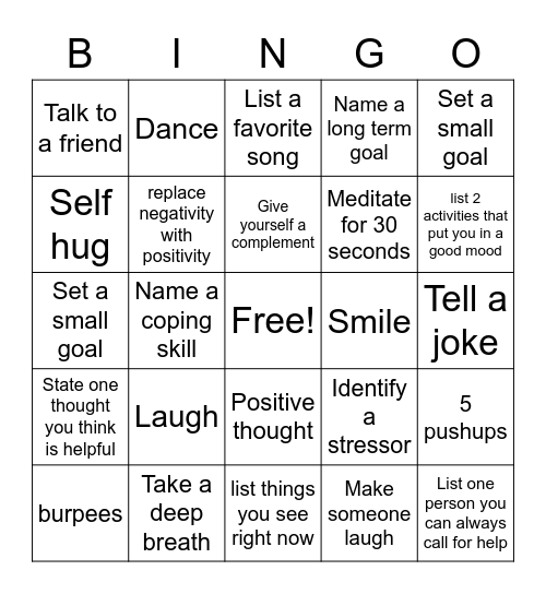 Mental Health Bingo Card