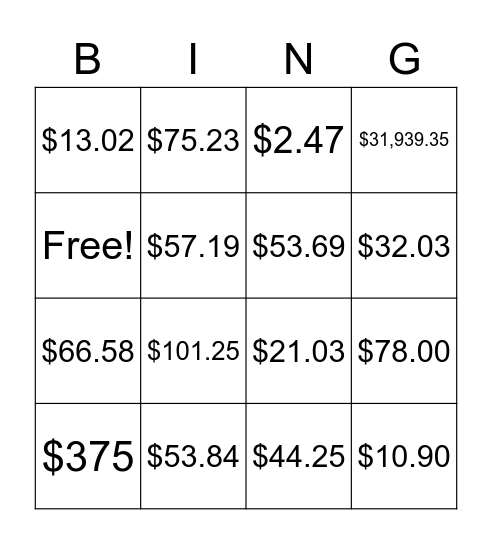 Tax, Tip Commission Bingo Card