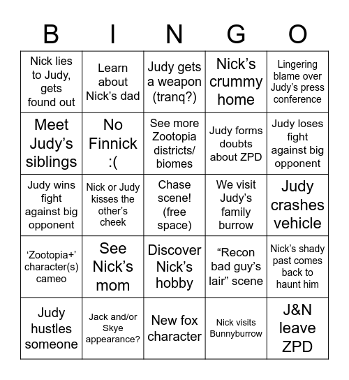 Zoots 2 Bingo Card