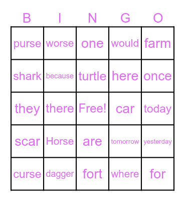 Spelling and sight words Bingo Card