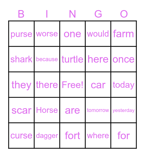 Spelling and sight words Bingo Card