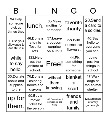 Random Acts of Kindness BINGO Card