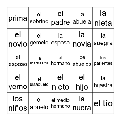 7th Grade Familia Bingo Card